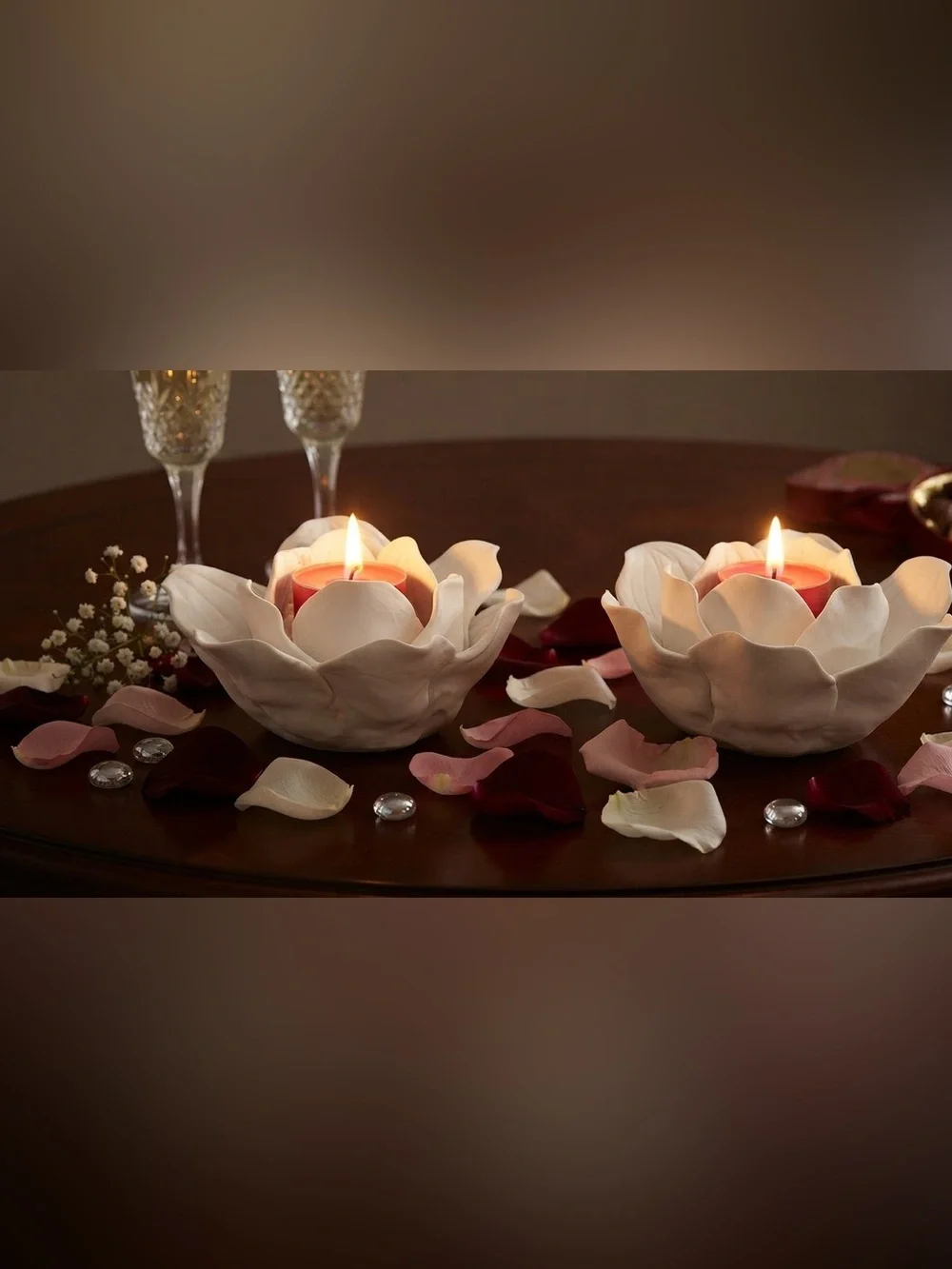 Threshold Tealight Candle Holder Porcelain White Flower Decoration (pair)